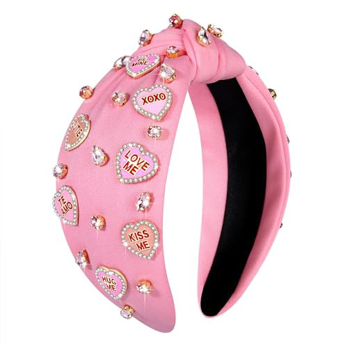 Valentine's Day Headbands for Women - Rhinestone Beaded Heart Headband, Pink Red Crystal Knotted Headband, Hair Accessories, Party Decor Gifts (Pink Candy Heart 1) | Amazon (US)