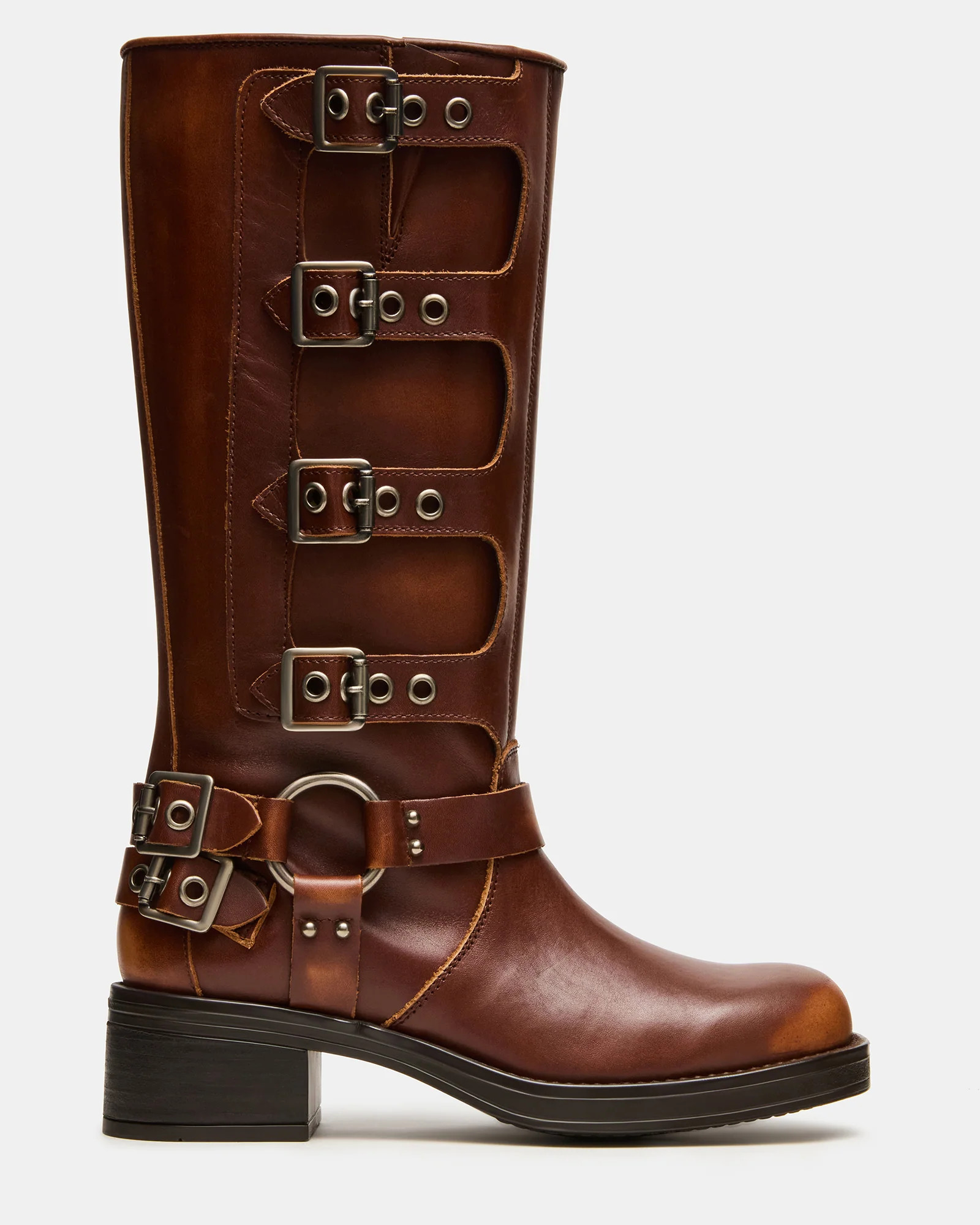 ROCKY Cognac Distressed Knee-High Moto Women's Boot | Steve Madden (US)