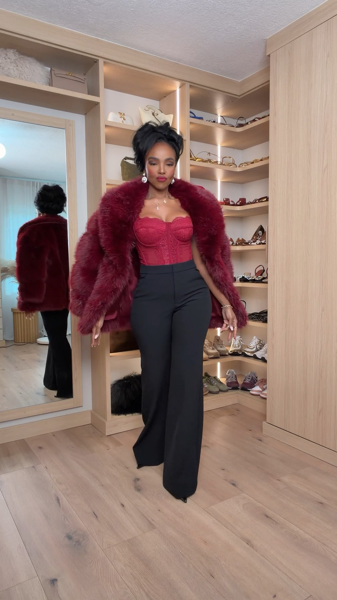 New York Rich Vibes — bold, luxe, and winter-ready. The deep burgundy faux-fur jacket layered over a structured corset instantly gives that elevated city-chic energy. Styled with tailored black wide-leg pants and pointed heels for a sleek, powerful silhouette. Perfect for holiday dinners, winter nights out, or any event where you want to look expensive with zero effort.

Perfect for: holiday parties, date nights, winter events.

📏 Sizing: Top small, pants 4 Long  
5'4 | 138 lbs | 34D | 27 waist | 40 hips

Rich faux-fur outfits, winter dinner looks, burgundy holiday inspo, city chic outfits, tailored wide-leg pants styling, luxe holiday looks, evening outfit ideas.

Follow me on Instagram and YouTube @kirasfashionfinds

#LTKvlog