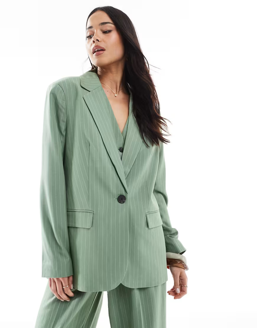 Vero Moda mix and match oversized blazer co-ord in green pinstripe | ASOS (Global)