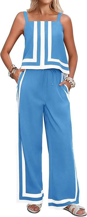 Tankaneo Womens 2 Piece Lounge Set Summer Casual Color Block Cami Top Wide Leg Pants Set Beach Va... | Amazon (US)