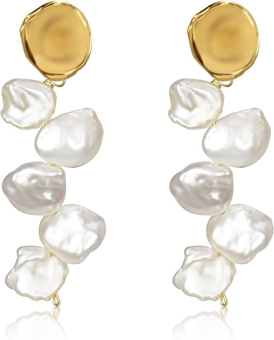 ELEXIS Long Baroque Pearl Earrings For Women Dangle Gold Dainty Statement Tassel Real Pearl Drop ... | Amazon (US)