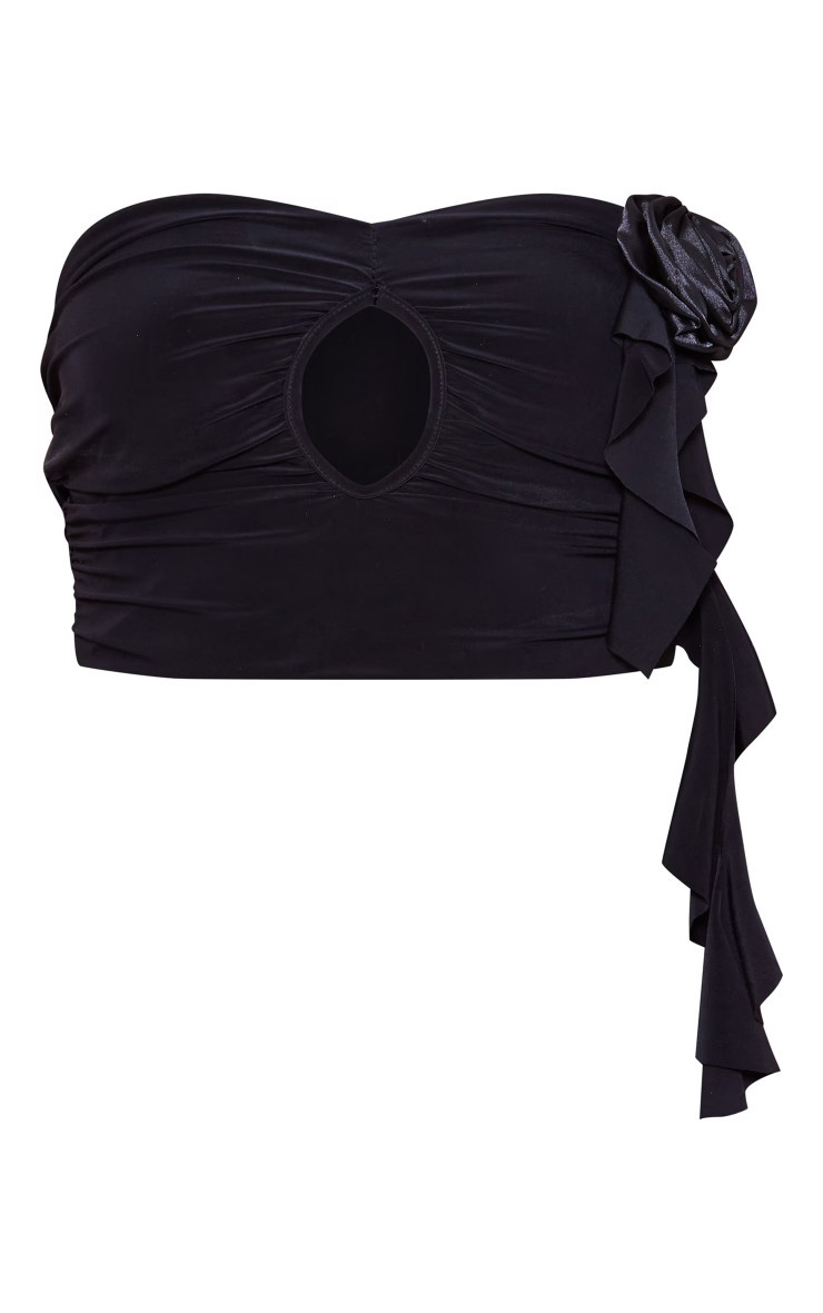 Black Rose Applique Slinky Ruched Bandeau Top | PrettyLittleThing UK