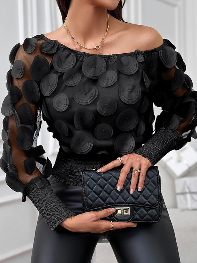 UOOZEE Women's Long Sleeve Mesh Top Off Shoulder Sheer Blouse See Through Tops, Black M at Amazon... | Amazon (US)