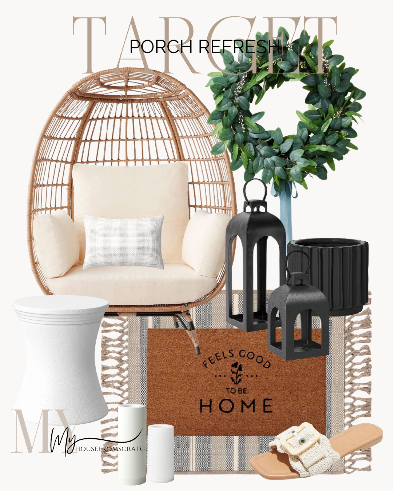 Target porch refresh, egg chair, door mat,  wreath, outdoor lantern, planter, outdoor end table, sandals, target fashion, vacation outfit 

#LTKstyletip #LTKSeasonal #LTKhome