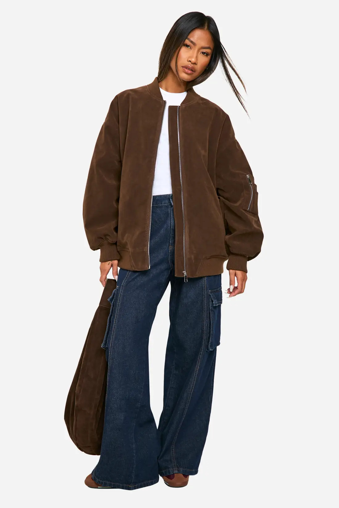 Chocolate Vintage Suede Look Oversized Bomber Jacket | Boohoo | Boohoo.com (UK & IE)