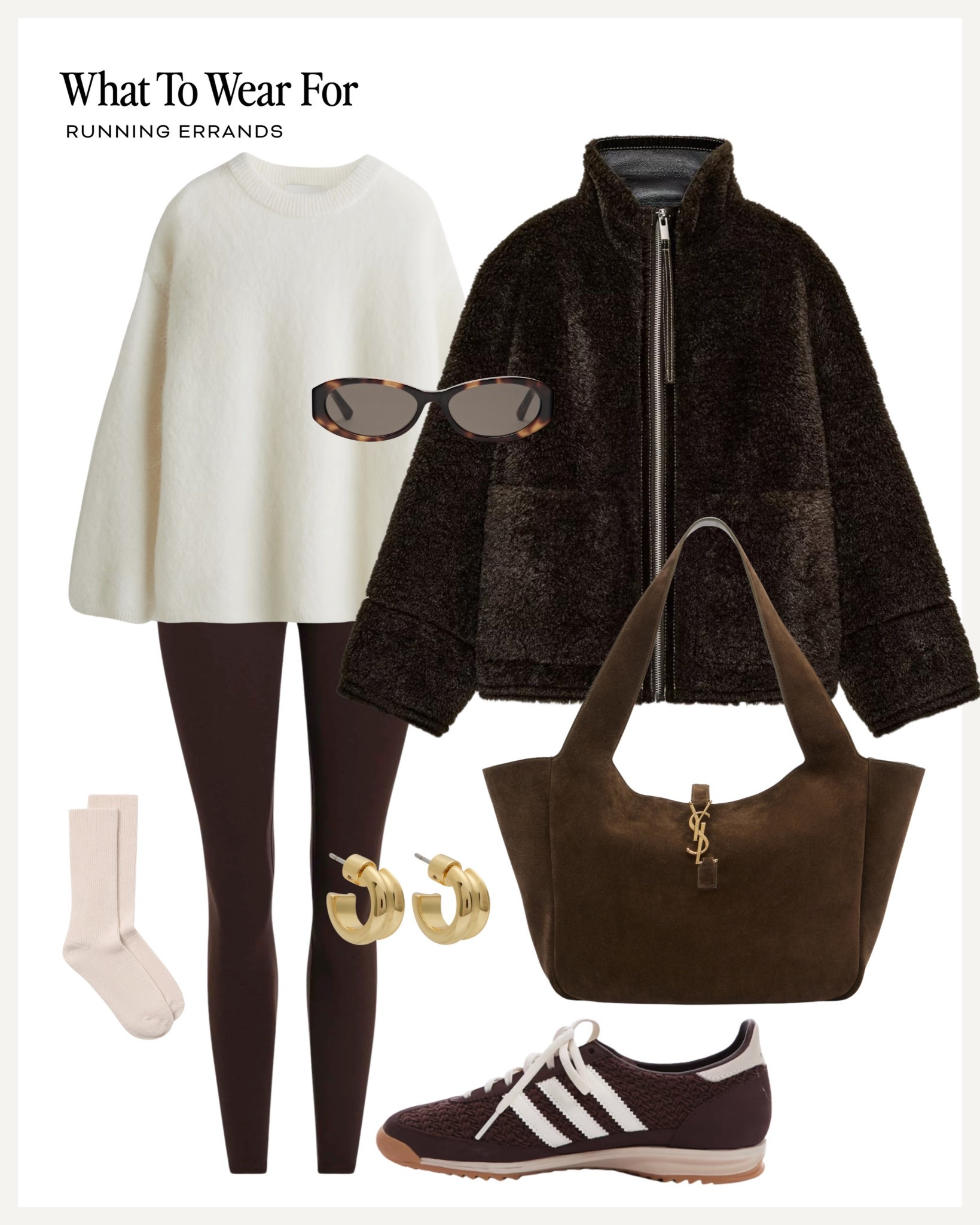 Running errands 

Brown leggings / cream knit / Saint Laurent suede bag / faux shearling jacket / neutral outfits / autumn style 

#LTKeurope #LTKuk #LTKautumn