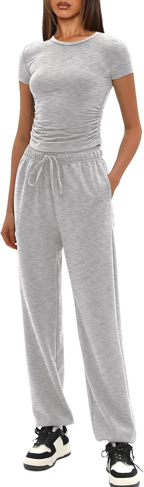 Darong Womens 2 Piece Outfits Tracksuit Sets Modal Short Sleeve Tops Jogger Pants Lounge Set Swea... | Amazon (US)