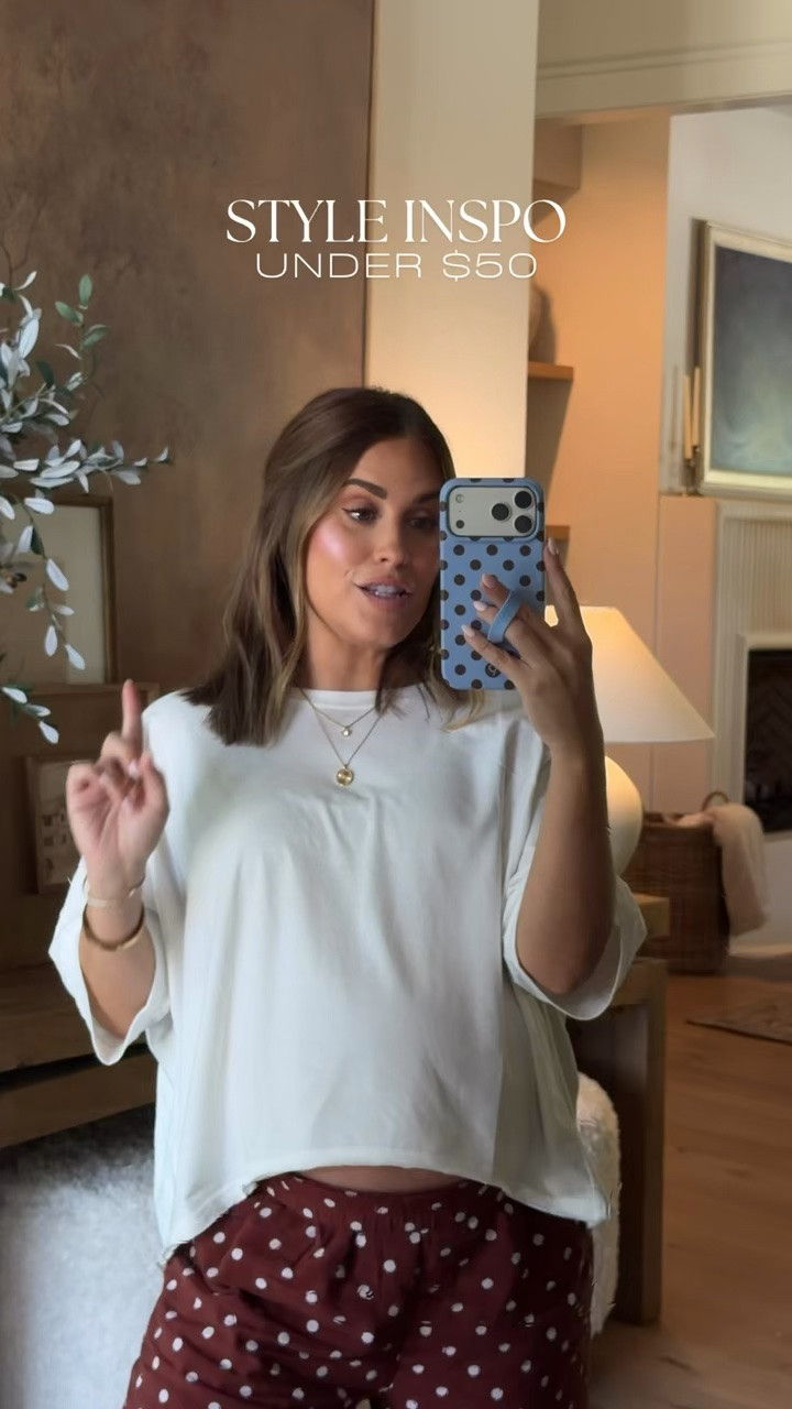Today’s full look is all from Amazon & I’m wearing a size small in both the polka dot pants + white top! Another great transitional outfit going into fall, as well as an easy outfit I can wear now at the end of pregnancy + through postpartum. Would also be cute layered with a denim jacket as it gets cooler!

#LTKootd #LTKSeasonal #LTKBump