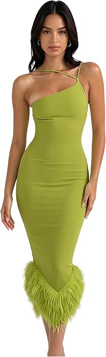 Suillty Sexy One Shoulder Feather Hem Midi Dresses for Women Elegant Sleeveless Bodycon Long Dres... | Amazon (US)
