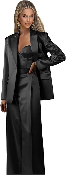 Satin Suits for Women Business Casual 3 Piece 1 Button Womens Suit Dressy Notch Lapel Blazer Vest... | Amazon (US)