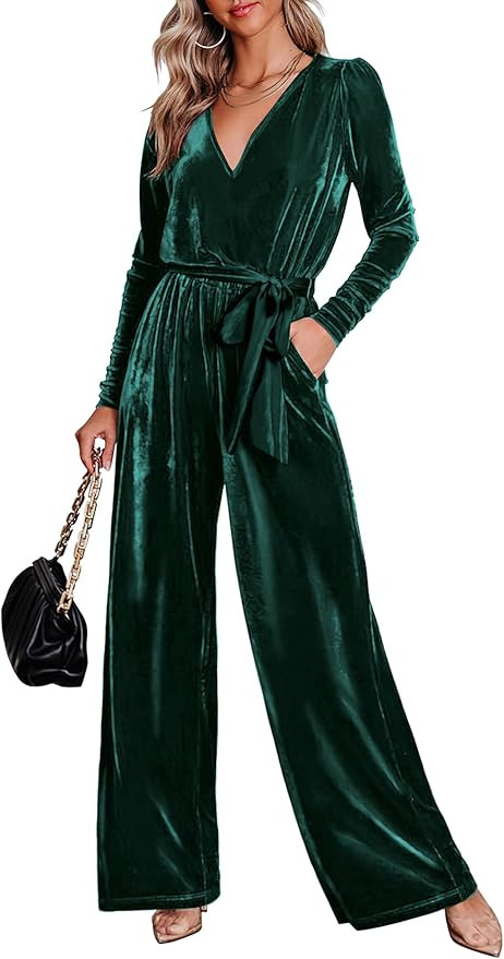 MASCOMODA 2023 Velvet Long Sleeve Wide Leg Jumpsuits for Women Dressy V Neck Belted Romper One Pi... | Amazon (US)