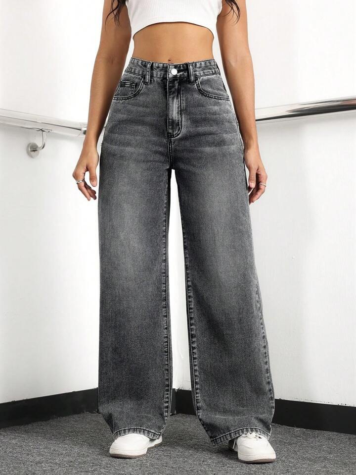 SHEIN EZwear Women's Loose Fit Casual Denim Jeans With Side Pockets And Wide-Leg Design | SHEIN