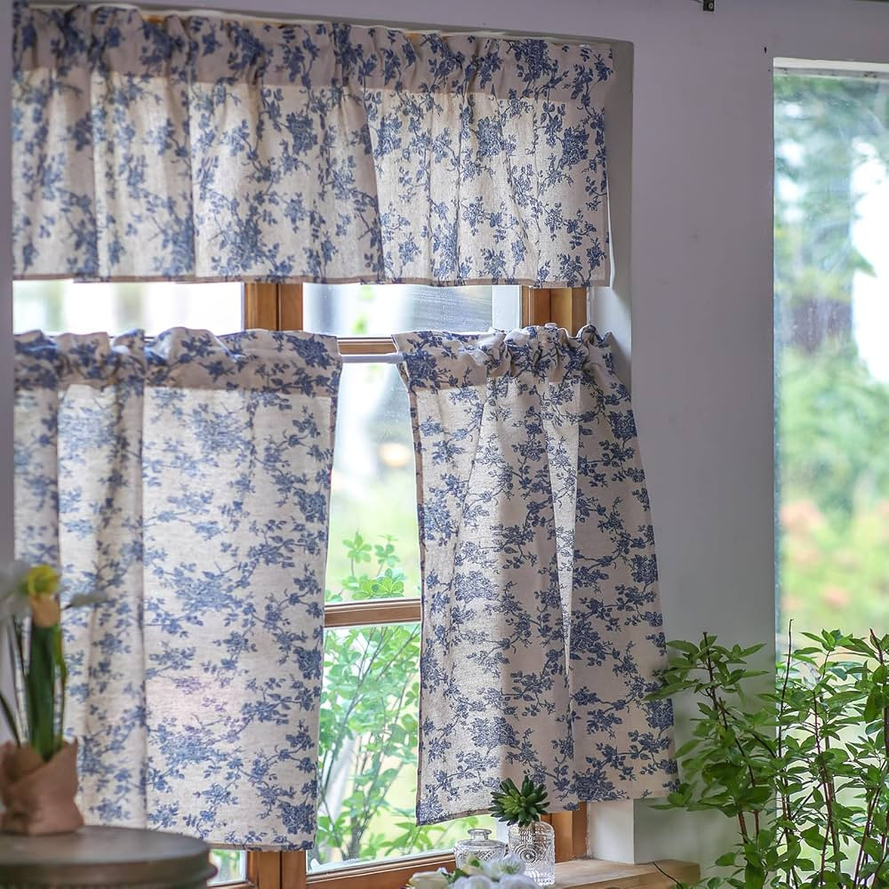 SUTAVIA Curtains Tiers and Valance Set 3 Pieces Spring Vintage Blue Floral Printed Windows Treatm... | Amazon (US)