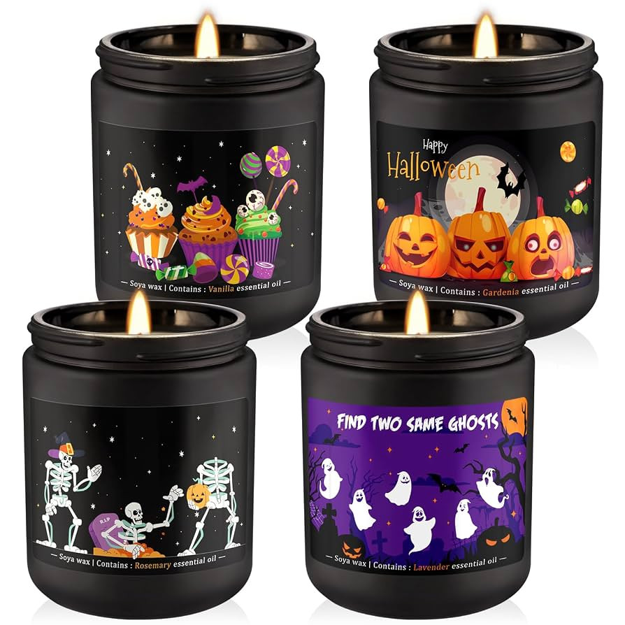 Halloween Scented Candles Set of 4 (7oz Each) – Spooky Aromatherapy Soy Wax Candles with Bat & ... | Amazon (US)