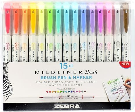 Zebra Pen Mildliner Double Ended Brush and Fine Tip Pen, Assorted Colors, 15-Count | Amazon (US)