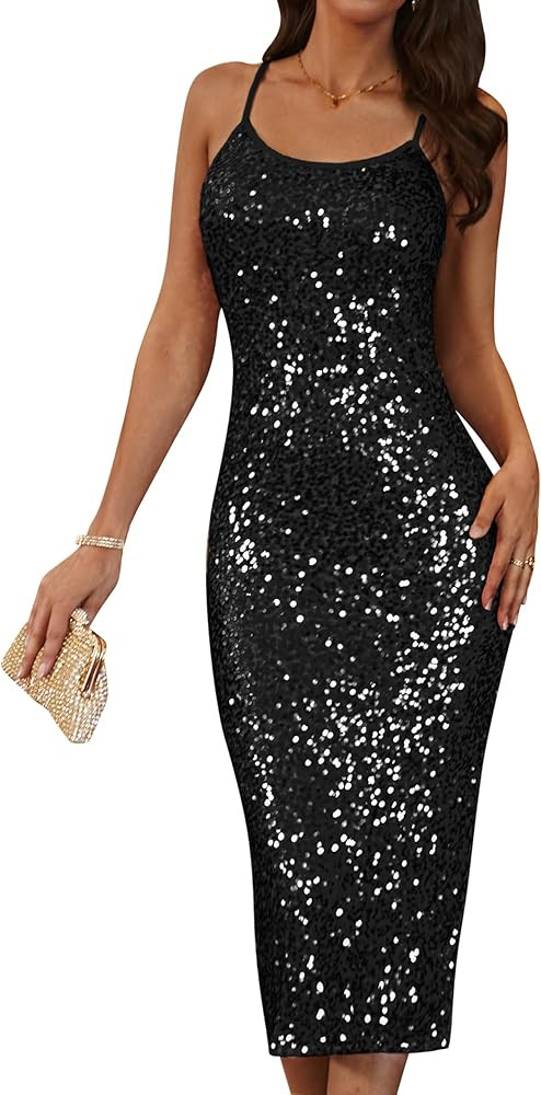 GRACE KARIN Womens Sequin Sparkly Dresses Formal Spaghetti Strap Midi Bodycon Dress Glitter Backl... | Amazon (US)