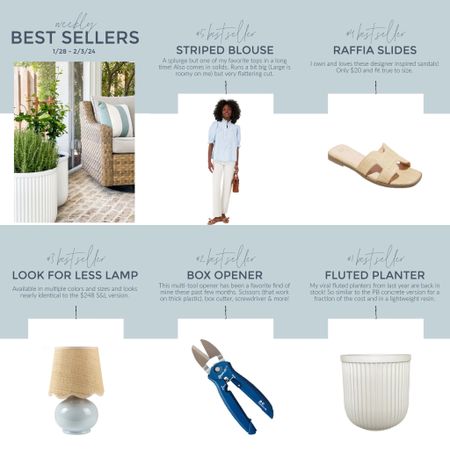 This weeks bestsellers include the striped blouse I’m loving lately (loose fit but TTS), $20 raffia slide sandals, the cutest ceramic lamp with scalloped raffia shade that’s a great designer look for less, the box and package opener I’ve been loving lately, and my viral fluted planters that are finally back in stock!
.
#ltkhome #ltkover40 #ltkfindsunder50 #ltkfindsunder100 #ltkstyletip #ltkseasonal #ltksalealert #ltkmidsize #ltkworkwear

#LTKSeasonal #LTKsalealert #LTKhome