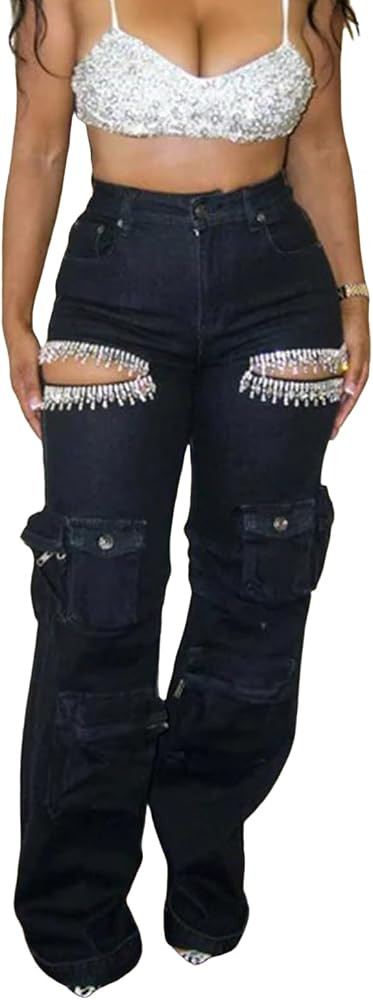 Unybwonn Women Rhinestone Cargo Jeans High Waisted Baggy Sexy Sparkly Cut Out Ripped Distressed S... | Amazon (US)
