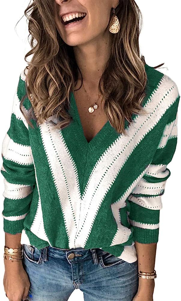 Asvivid Color Block Striped V Neck Sweater for Women Long Sleeve Knit Pullover Jumper Tops | Amazon (US)