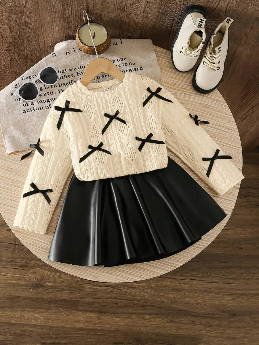 SHEIN LMoss Young Girl Casual Sweater With Bow Decoration&Woven Solid Color PU Leather Casual Skirt Set, Suitable For Everyday Wear, Young Girls | SHEIN