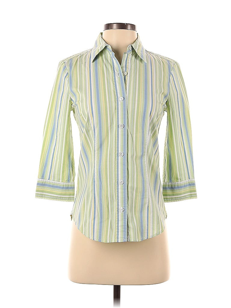 Gap 3/4 Sleeve Button Down Shirt: Green Stripes Tops - Size 4 | ThredUp