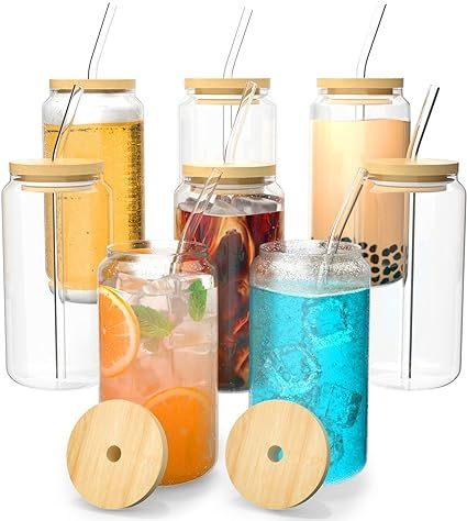 Finew 8pcs Glass Cups with Bamboo Lids and Glass Straws, 16oz Drinking Glasses Can Shaped Glass C... | Amazon (US)