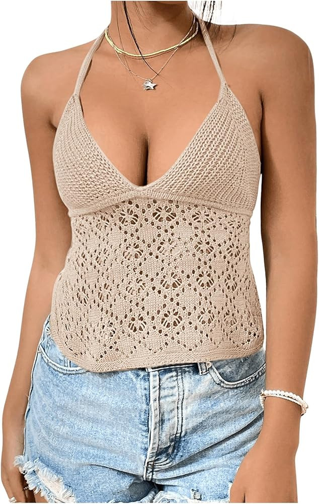 SweatyRocks Women's Embroidered Eyelet Net Crochet Knitted Halter Camisole Crop Top | Amazon (US)