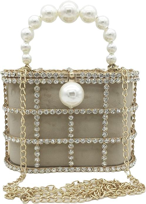 Synthetic Pearl Top-Handle Women Metal Bucket Bag Crystal Evening Purses and Clutches Formal Wedd... | Amazon (US)