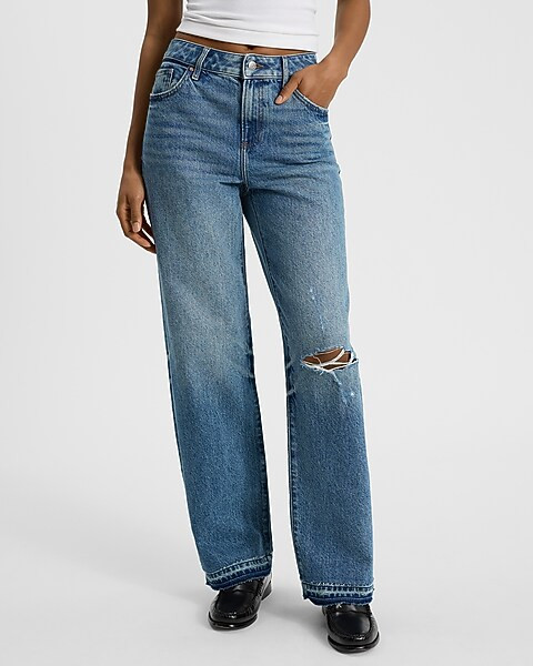 High Waisted Medium Wash 50/50 Rigid Stretch Ripped Wide Leg Jeans | Express