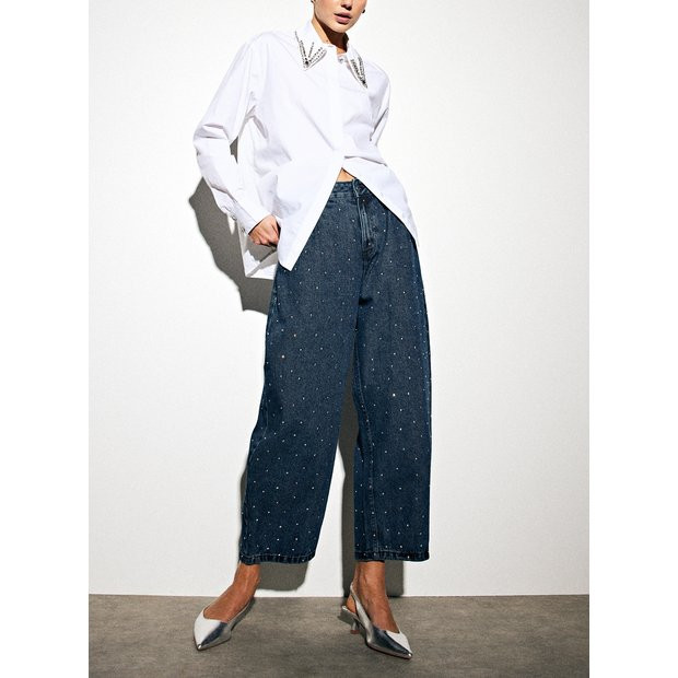 Dark Rinse Denim Embellished Barrel Leg Jeans  18S | Tu Clothing