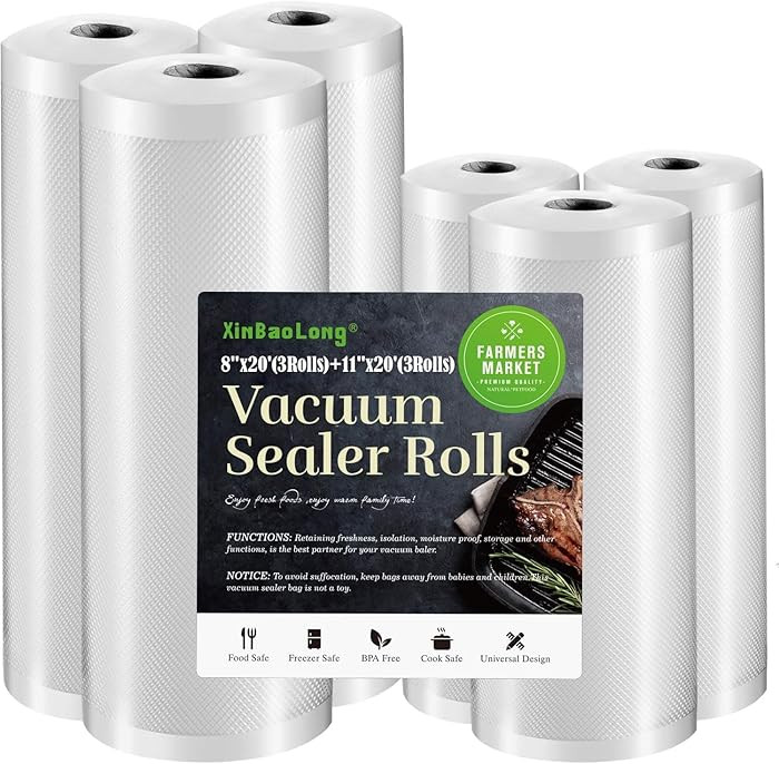 Vacuum Sealer Bags For Food:6 Pack 3 Rolls11"x20' +3 Rolls 8"x20' Commercial Grade BPA Free Bag R... | Amazon (US)