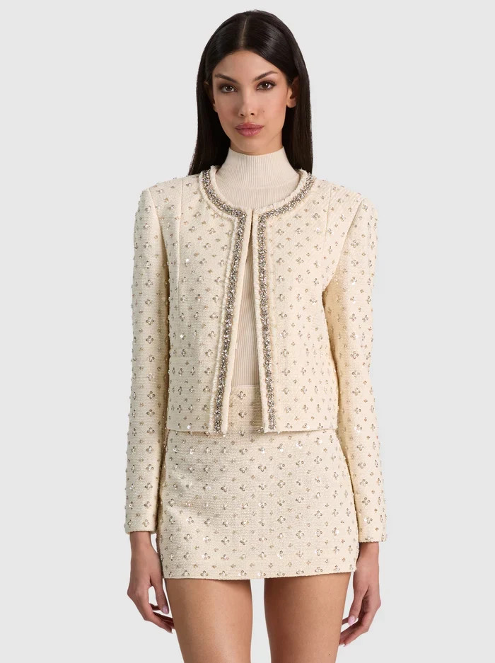 THOMASINA CROPPED EMBELL TWEED JACKET in VANILLA | ALICE + OLIVIA | Alice + Olivia