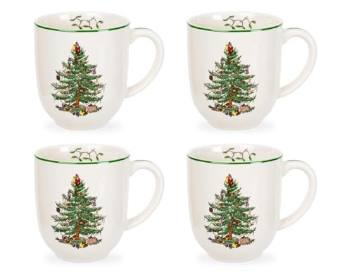 Spode Christmas Tree Cafe Mug (Set of 4) - 14 Oz Ceramic Holiday Coffee Mugs for Tea, Hot Chocolate, Lattes - Festive Design with Santa and Christmas Tree Motif - Microwave & Dishwasher Safe | Amazon (US)