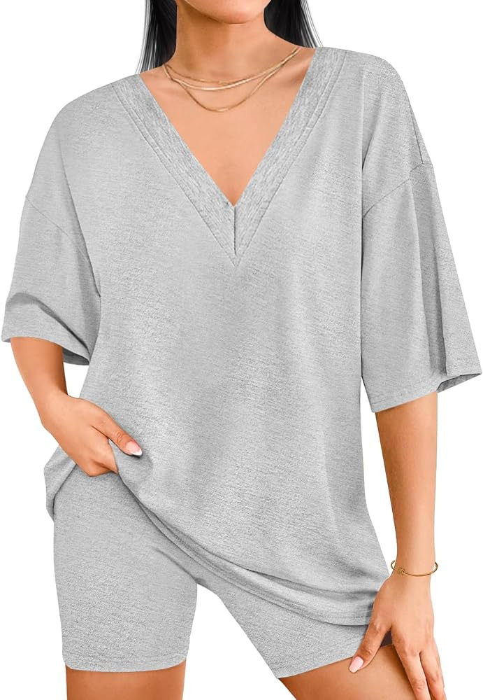Womens Cotton Pajama Sets Reversible Oversized TShirts Short Set Summer Outfits 2 Piece Loungewea... | Amazon (US)