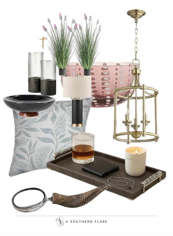 The items in this mood board combine a refined, traditional aesthetic with organic textures to create a cohesive vintage-inspired library or entryway vignette. Pendant Light, Modern Valet Tray, Horn Magnifying Glass, Pedestal Basin Bowl, home Accessories, designer looks for less

#LTKHome