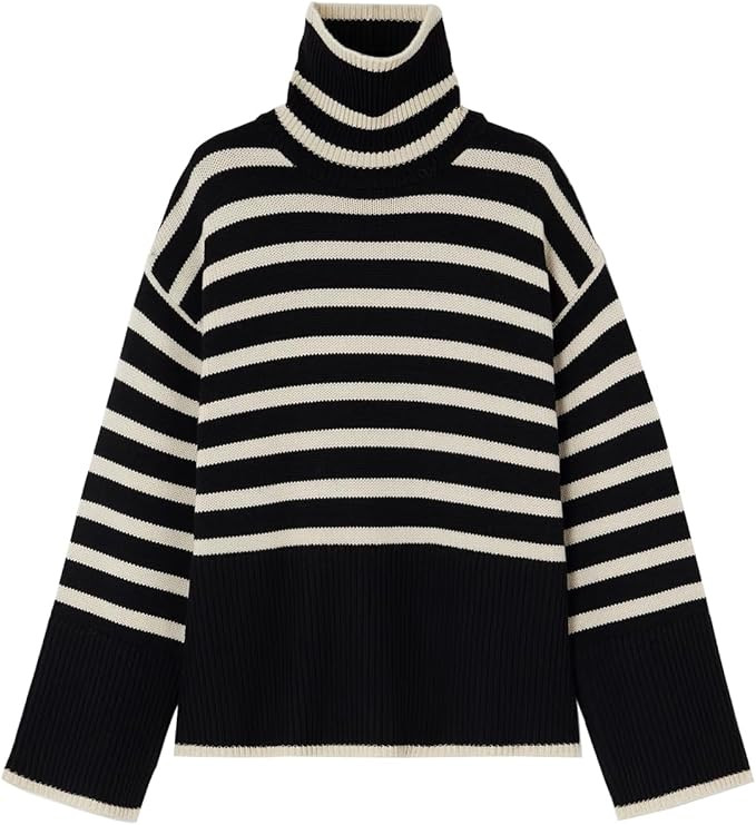 LuFeng Women's Winter Sweaters Casual Striped Knit Long Sleeve Turtleneck Side Split Oversized Pu... | Amazon (US)