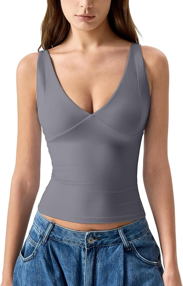 QINSEN Womens Double Lined Tank Tops Sexy V Neck Seamed Cup Adjustable Spaghetti Straps Camisole ... | Amazon (US)