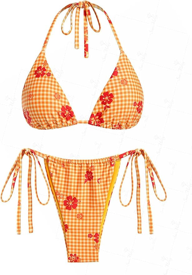 seamoly Tie Side Floral Smocked Shirred Triangle Bikini Set | Amazon (US)