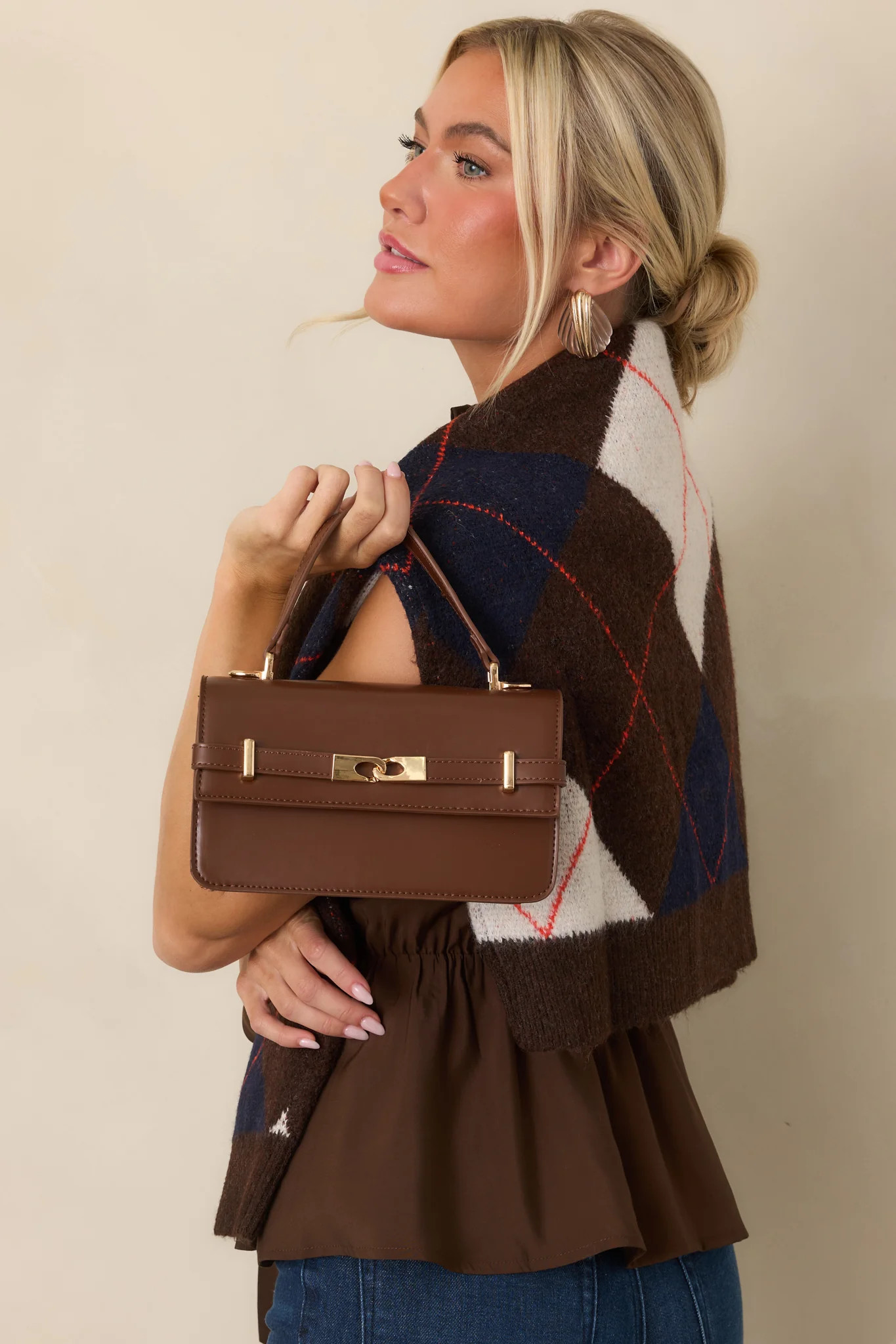 Carry On Your Way Chocolate Brown Faux Leather Top Handle Bag | Red Dress
