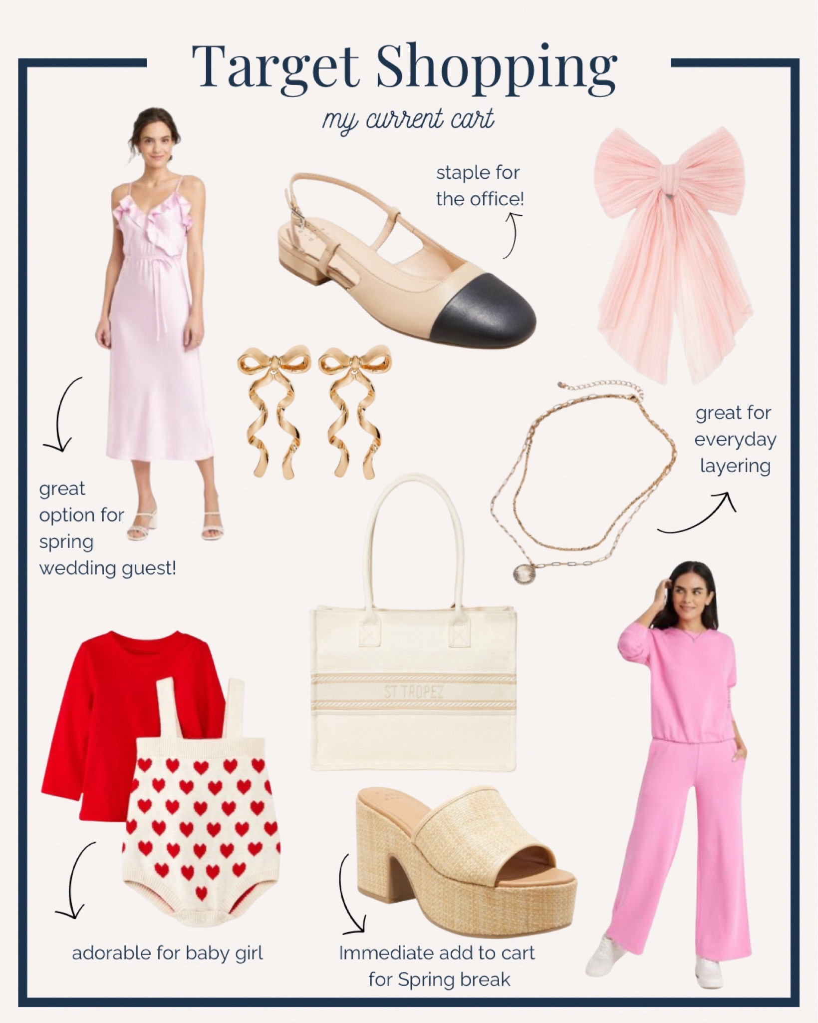 my current Target shopping cart filled with a wedding guest dress, vacation accessories, baby Valentine’s Day outfit, and cozy vibes at home.


#LTKSeasonal #LTKshoecrush #LTKbaby