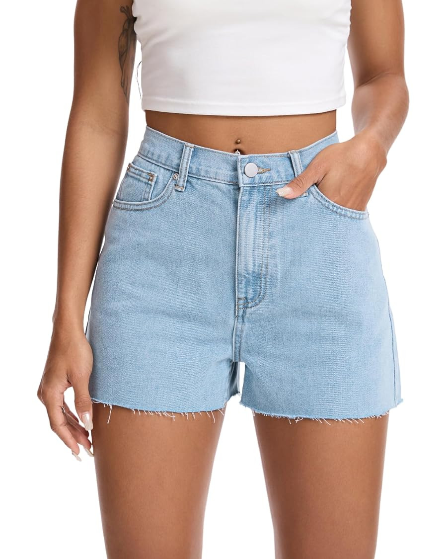 Mid Waist Denim Shorts for Women Casual Cut-Off Raw Hem Jeans Short for Summer Vocation Beach | Amazon (US)
