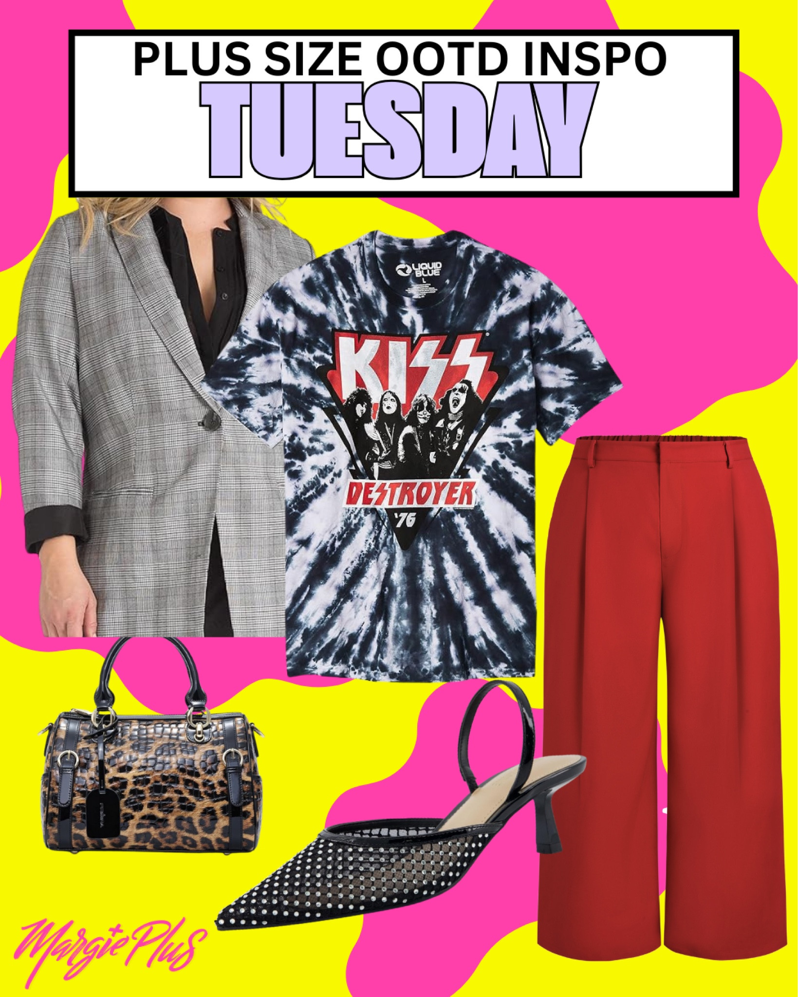 TUESDAY Plus Size Style Inspiration serving bold trousers with a band tee and a blazer for a work look with a twist 

#LTKPlusSize #LTKStyleTip #LTKFindsUnder100