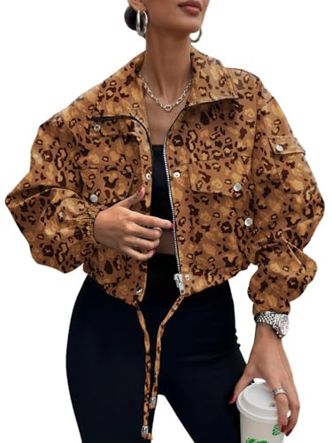 UEAL Chaquetas De Mujer Spring Cropped Zip Up Light Windbreaker Bomber Jacket Trendy Small Leopard | Amazon (US)