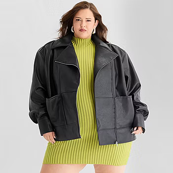 new!Ashley Graham Womens Plus Faux Leather Midweight Motorcycle Jacket | JCPenney