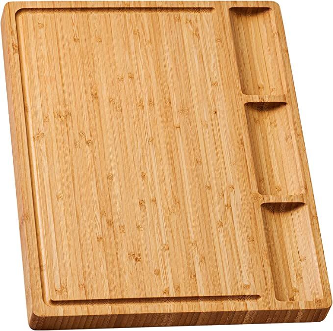 Large Bamboo Wood Cutting Board for Kitchen, Cheese Charcuterie Board with 3 Built-in Compartment... | Amazon (US)