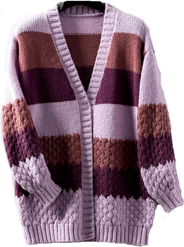 JASCLS Women's Long Sleeve Color Block Chunky Cable Knitted Oversized Sweater Cardigans for Women | Amazon (US)