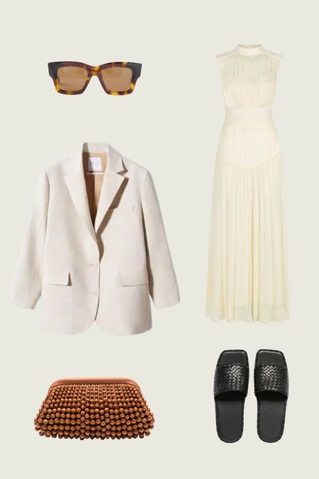 Minimalist summer outfit idea white dress Shona joy oversized linen blazer Freda Salvador sandals cult Gaia clutch. Neutral summer chic  