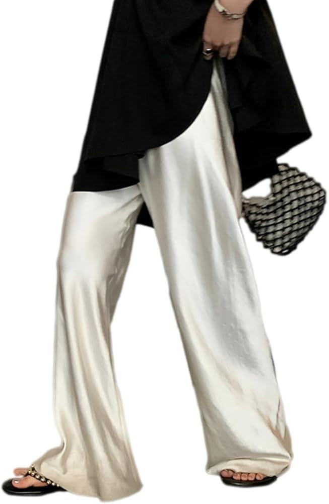 Women Satin Wide Leg Dress Pants Silk Casual Dressy Long Flowy Pants Elastic High Waisted Trouser... | Amazon (US)