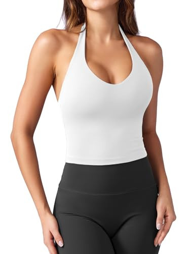 YEOREO Women's Halter Crop Top V Neck Workout Going Out Tank Top Hazel Padded Sleeveless Backless Trendy Summer Camisole White X-Small | Amazon (US)